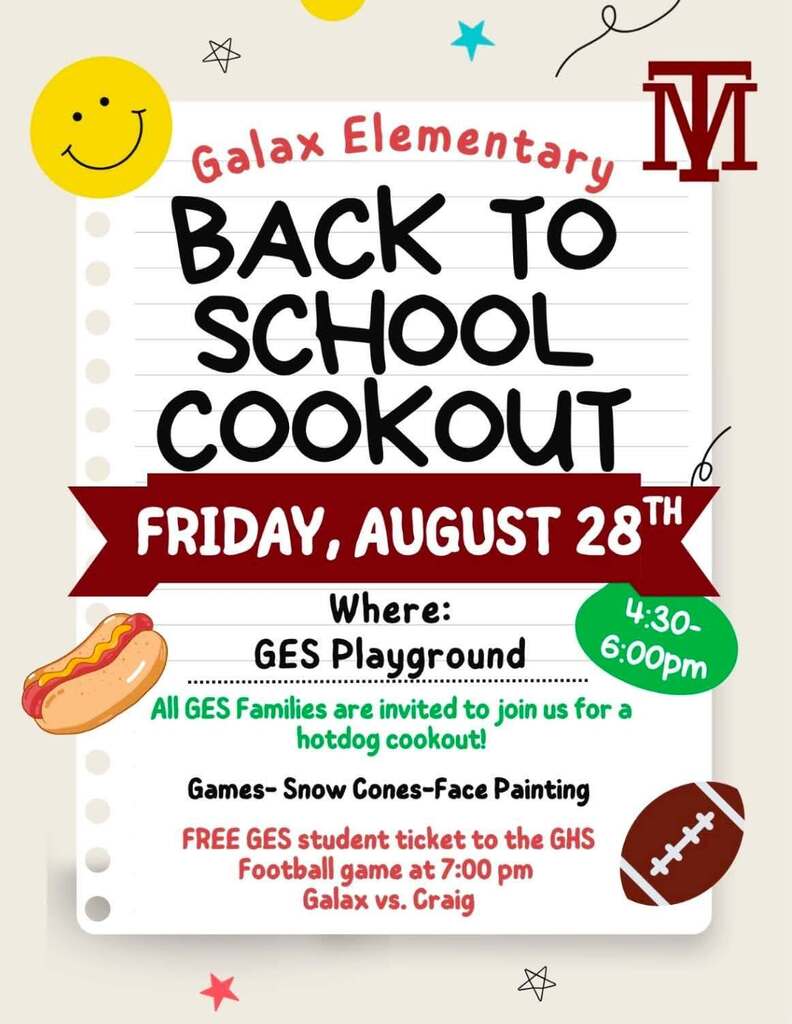 An event flyer with "Back to School Cookout" in bold letters, featuring a hot dog and football.
