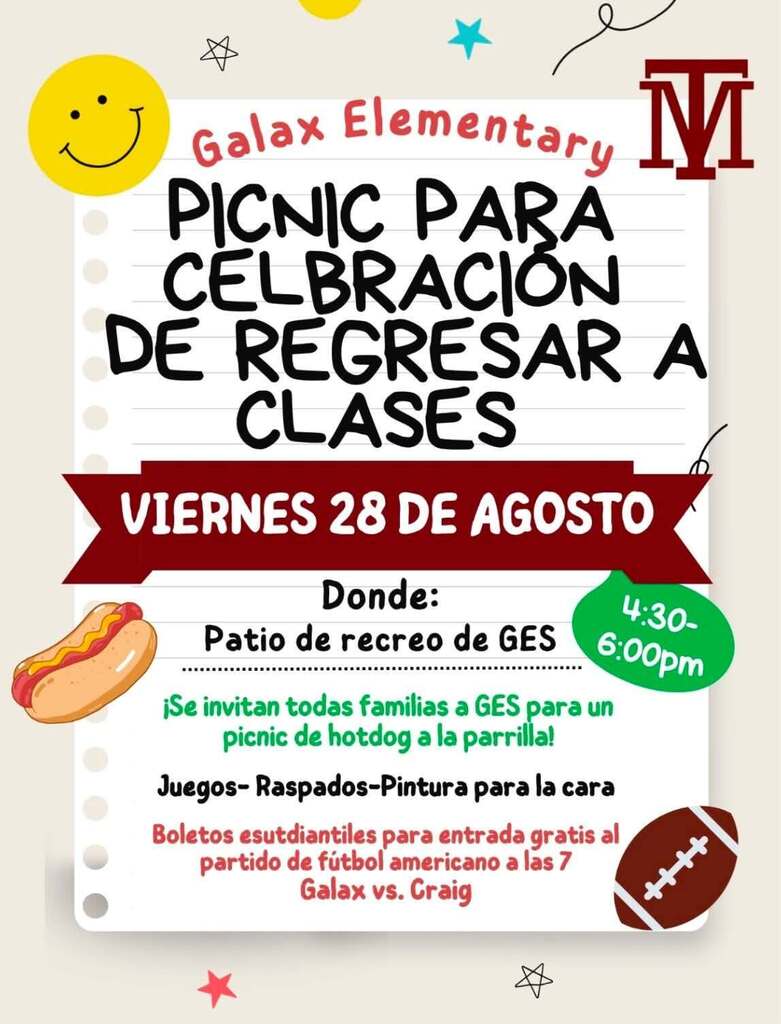 A colorful flyer for Galax Elementary's picnic event on August 28, featuring a hotdog, football, and games.