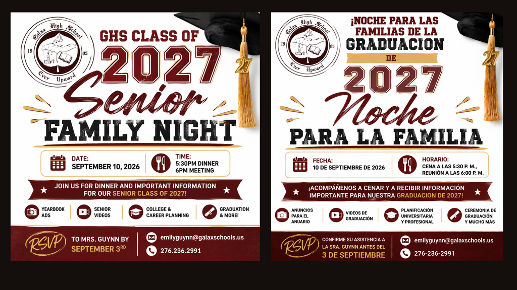 A bilingual graduation invitation, one side in English and one in Spanish, for the OHS Class of 2027 Senior Family Night.