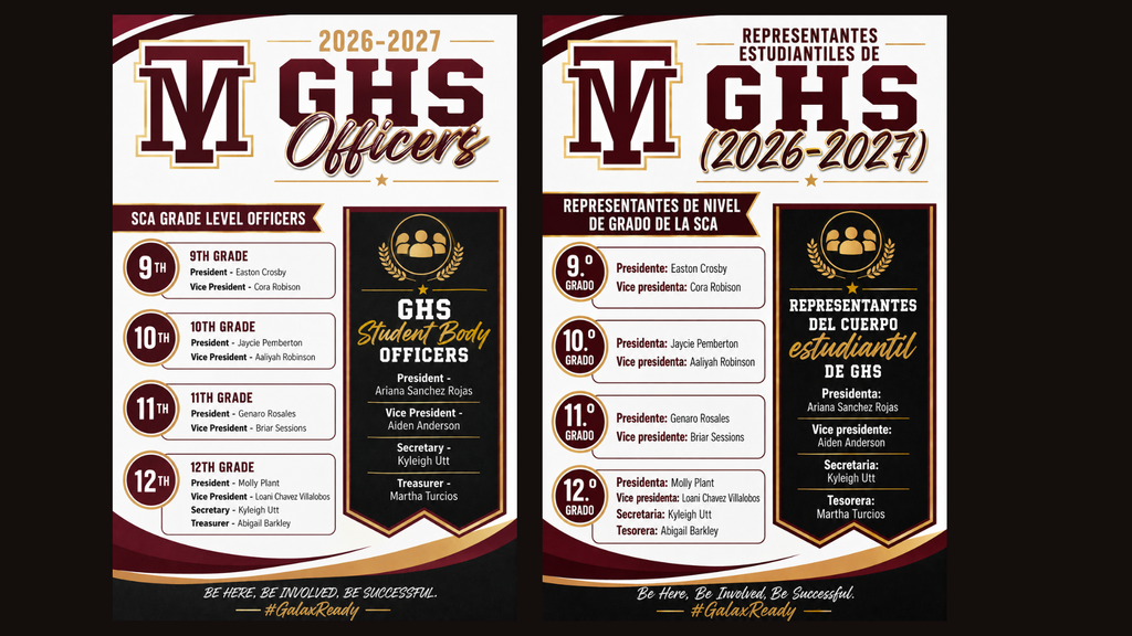 Two maroon and gold vertical banners, one labeled "M GHS Officers" for 2020-2021 and the other for 2021-2022.