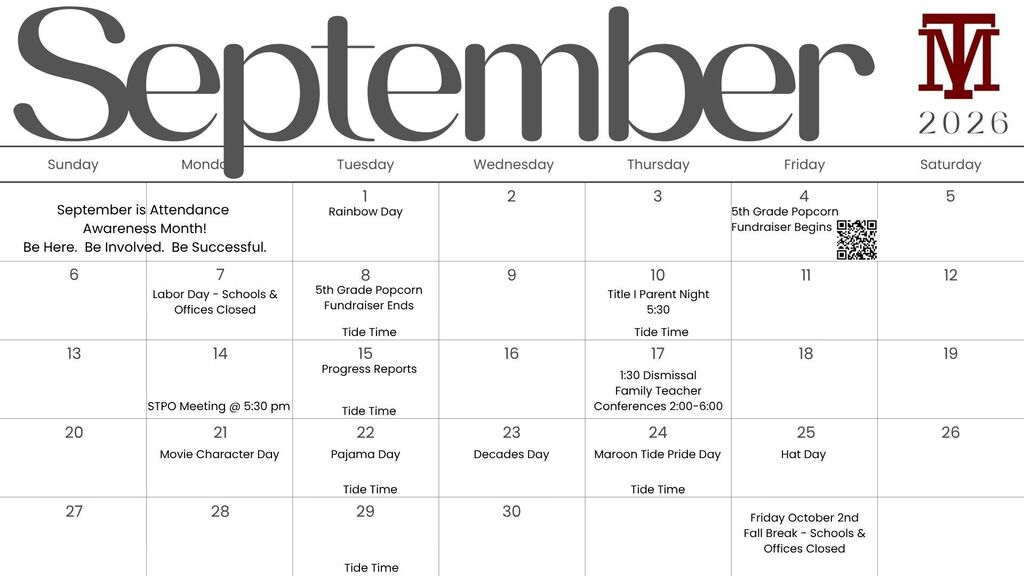 Calendar for September 2020, organized into rows and columns with dates, days, and special events listed.