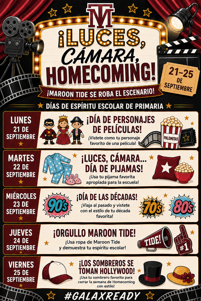 Event flyer for "Luces, Cámara, Homecoming!" showing a film strip, popcorn, and a clapperboard. Dates listed: September 21-25.