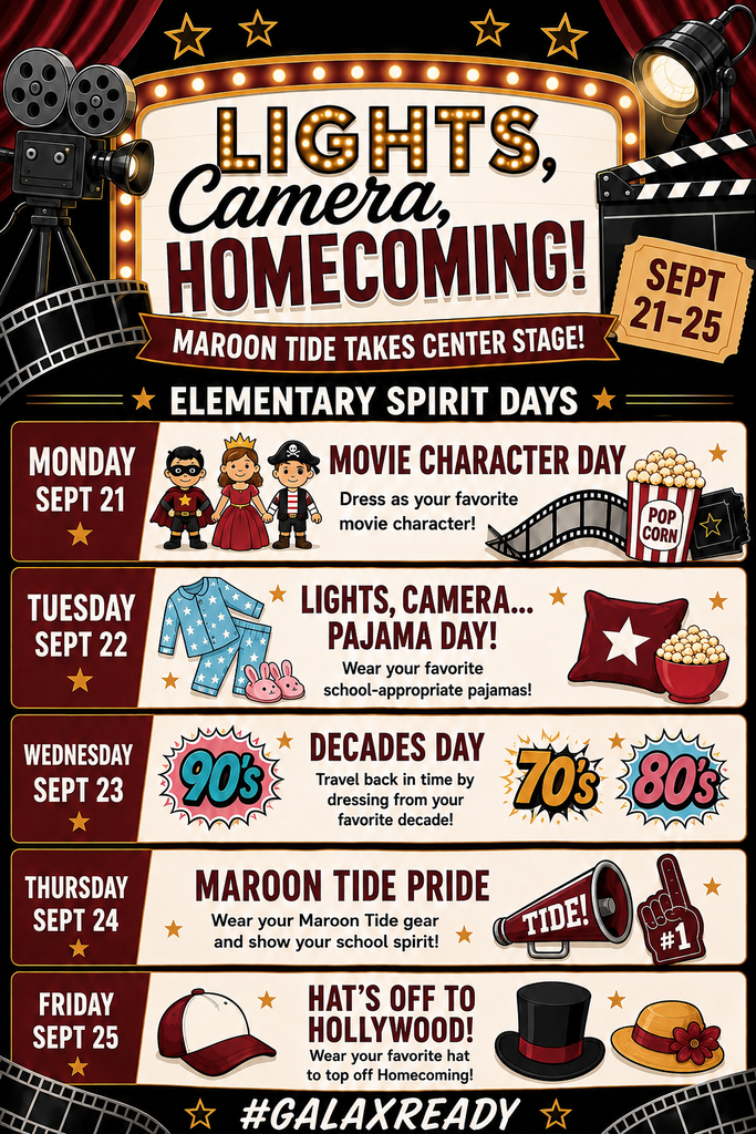 A poster displays a schedule for homecoming events from September 21 to 25. Days include Movie Character Day, Pajama Day, Decades Day, and Pride Day.