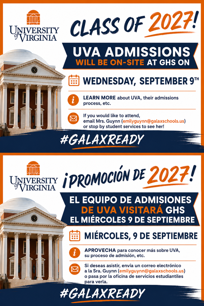 Bilingual flyer with UVA logo, announcing admissions for the class of 2027 on Sept 9. Contains details and contact info in both English and Spanish.