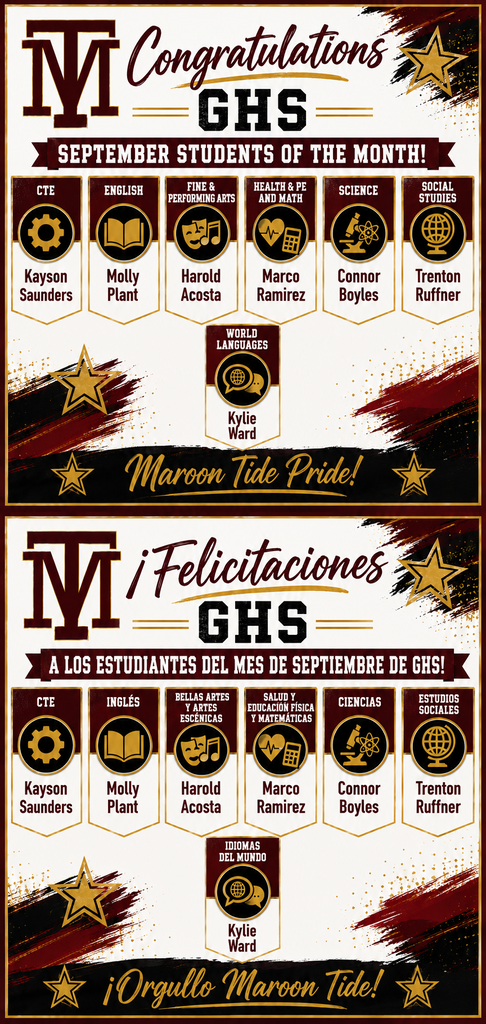 A bilingual recognition poster from GHS. It lists students excelling in various subjects for September. Names include Kayson Saunders, Molly Plant, Harold Acosta, Marco Ramirez, Connor Boyles, and Trenton Ruffiner.