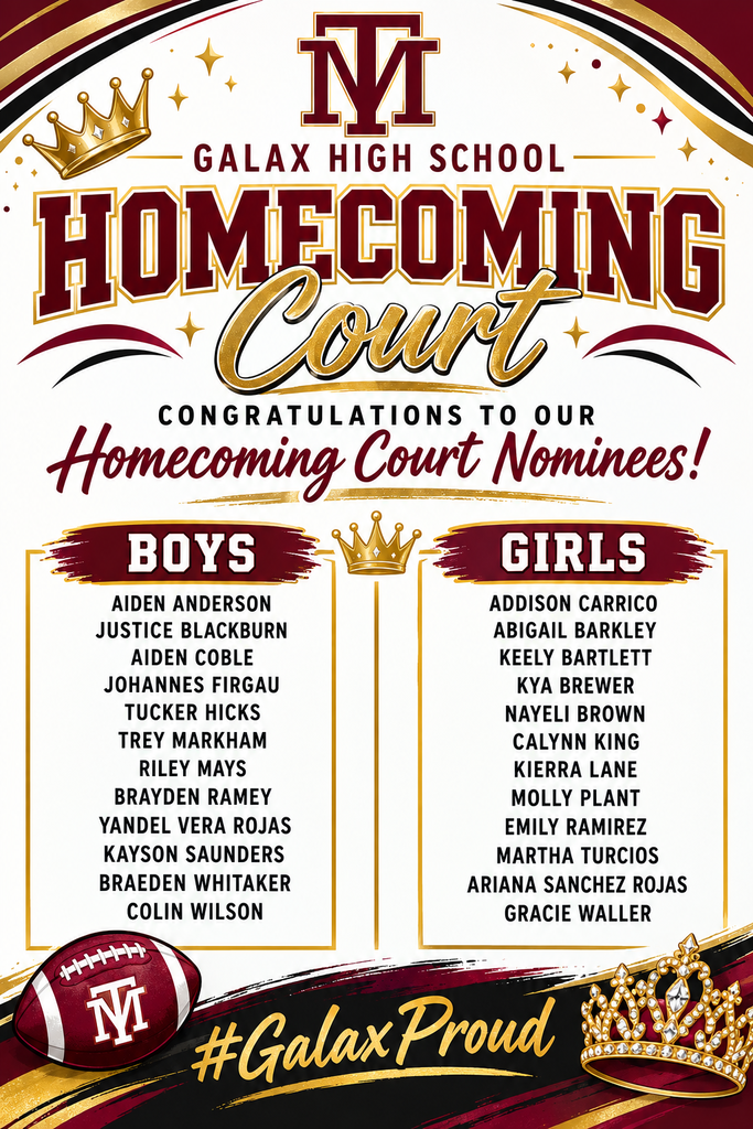 An advertisement for Galax High School Homecoming Court. The top features a crown, and the bottom has a football. It lists names of boys and girls.