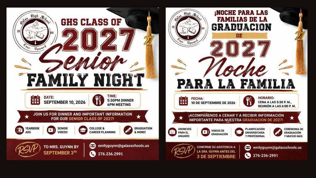 Graduation flyer for the class of 2027 with event details in English and Spanish. Both sides include dates, times, and locations.