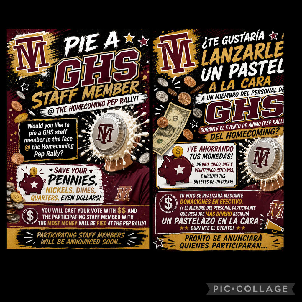 Double-sided flyer in black background. Left side features "Pie a GHS Staff Member" with red star, text, and coins. Right side has "Pie a GHS" in Spanish with money and star.