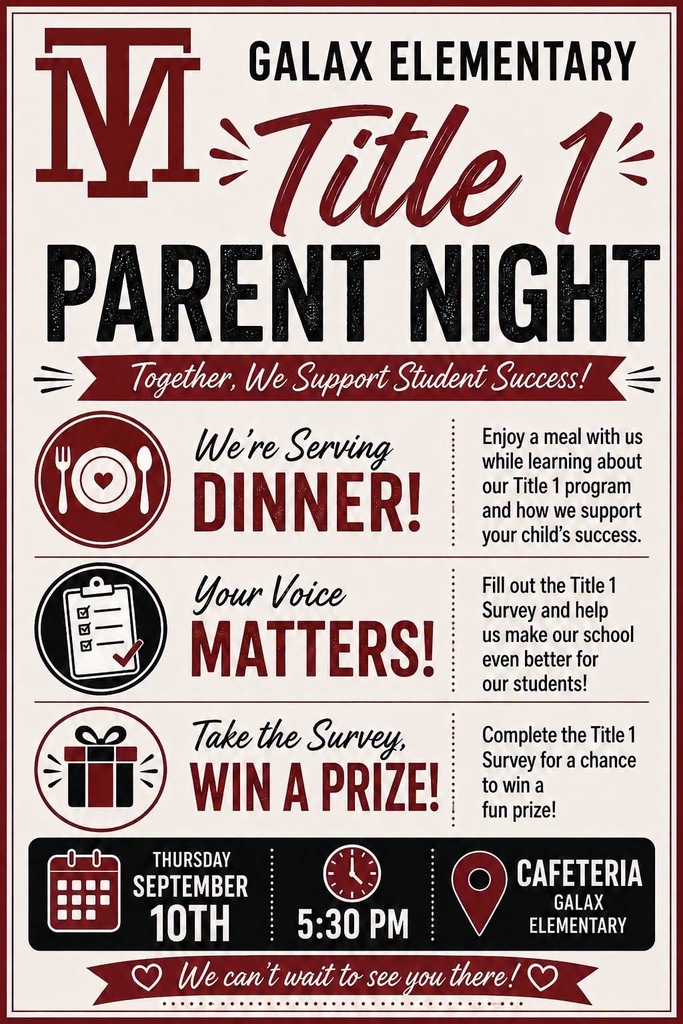 A flyer for Galax Elementary Title 1 Parent Night. It features a dinner event, survey, and prize.