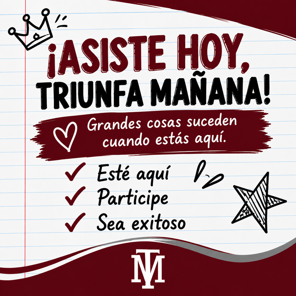 Text reads "¡Asiste hoy, triunfa mañana!" on a lined notebook background. It includes a crown, heart, and star.