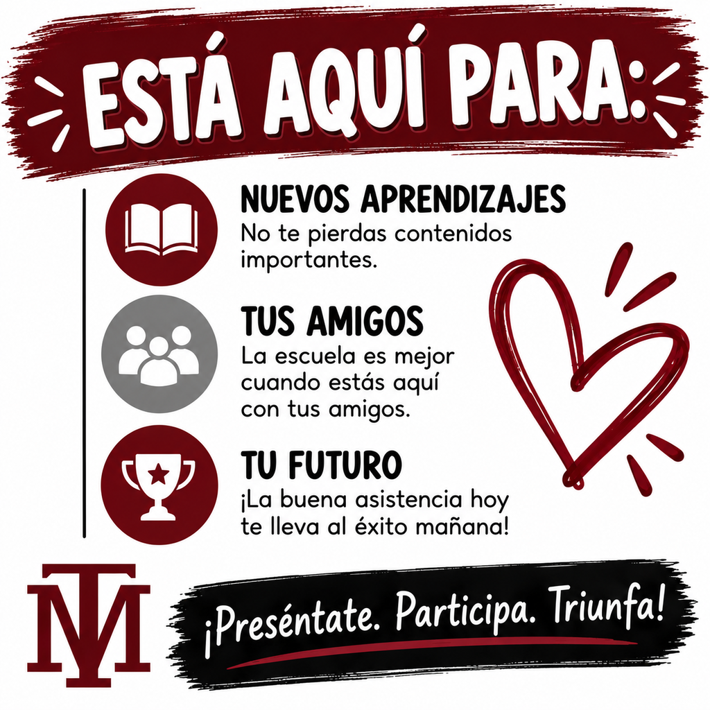 Poster with text in Spanish. Icons for new learnings, friends, and future. Red heart on right. Text includes "Presentate, Participa, Triunfa!"