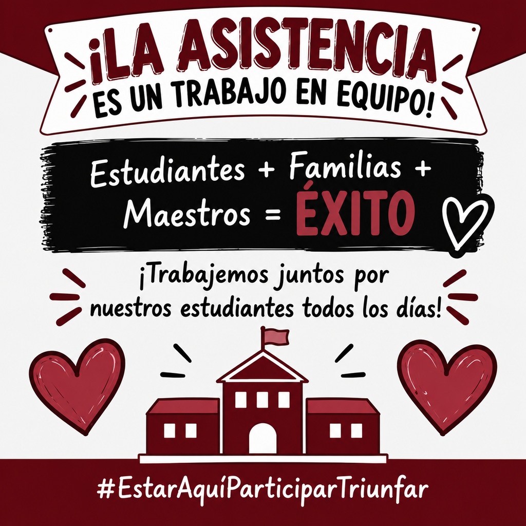 White and red background with black text. Heart icons on the left and right. A school building with a flag.
