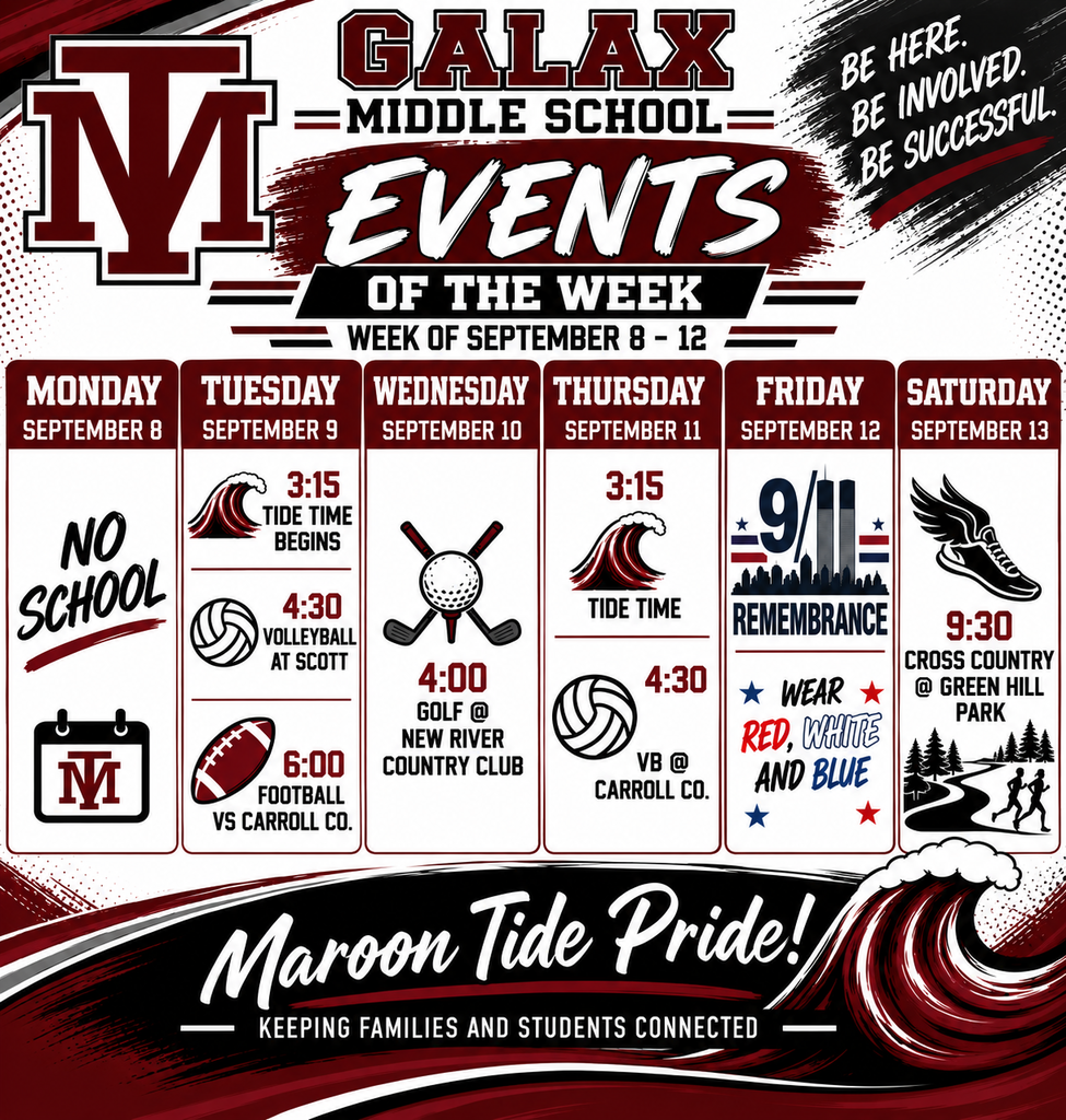 A schedule lists events for the week of September 8 to 12. It includes sports events, activities, and reminders.