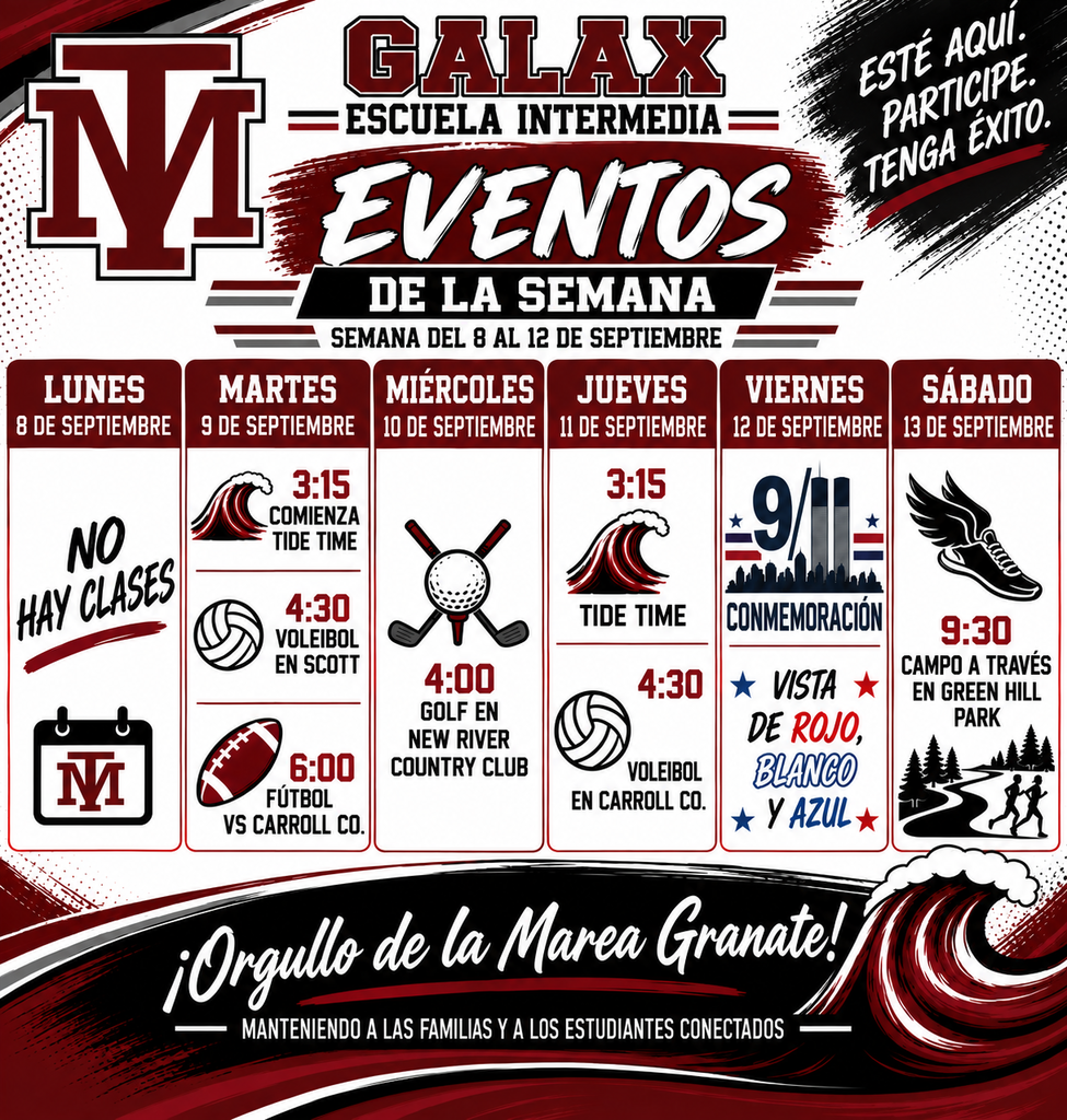 An event schedule features sports, golf, football, and volleyball on a red and white background.