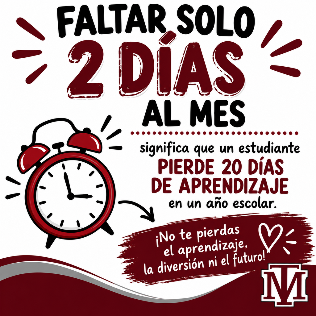 An educational flyer shows an alarm clock with the words "Faltar, solo 2 días al mes" and a note about missing learning days.