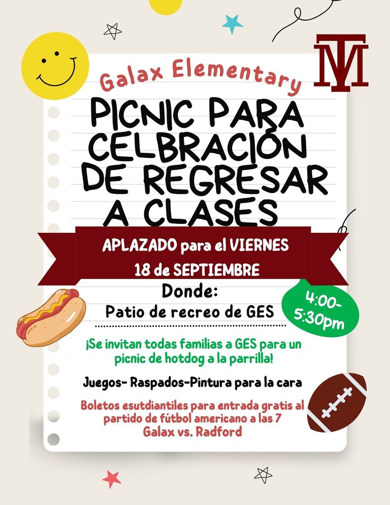 Event flyer for Galax Elementary's class return picnic with hotdog, football, games, and a football game.