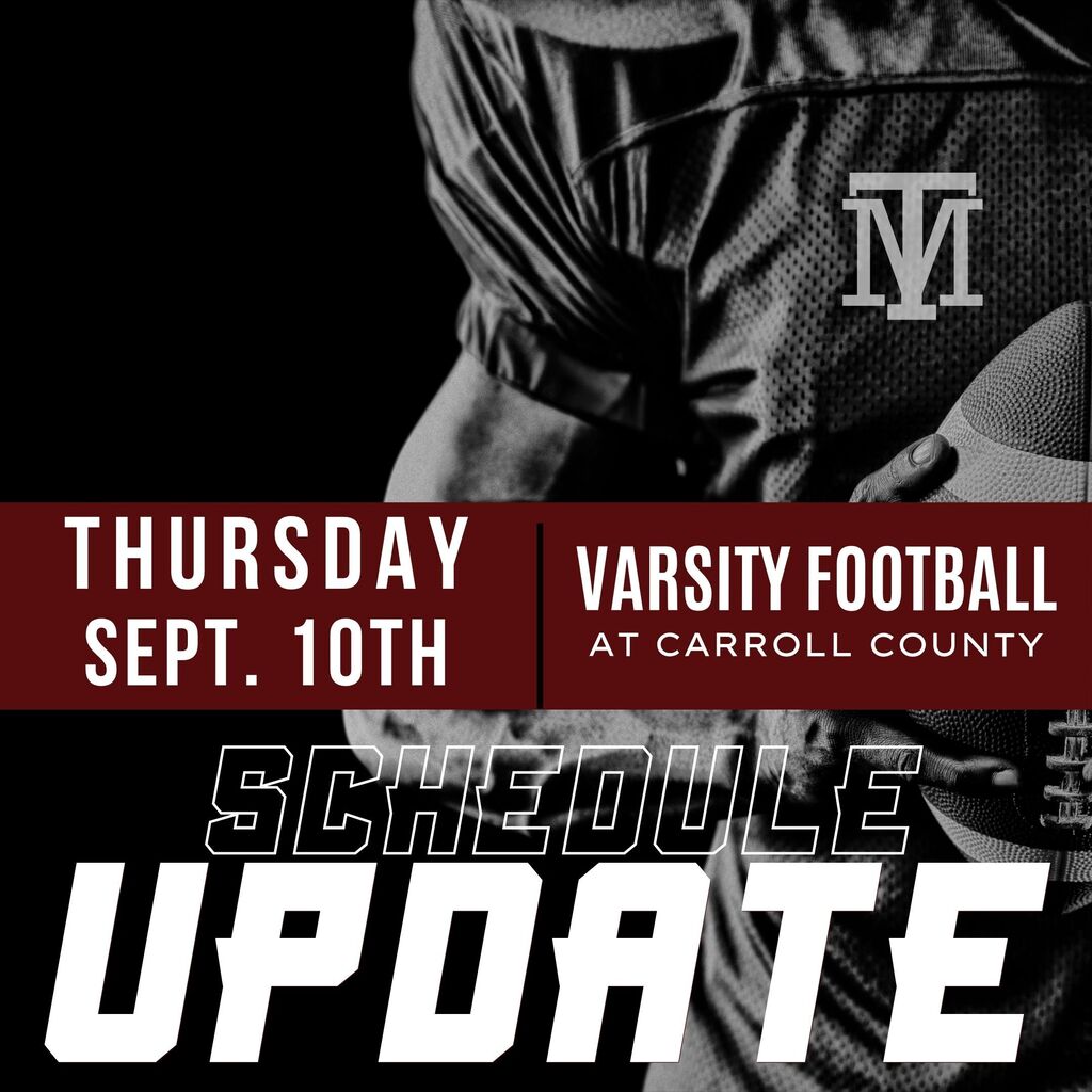 A black and red graphic shows a football player in a black jersey, with "Thursday Sept. 10th Varsity Football at Carroll County" and "Schedule Update" text.