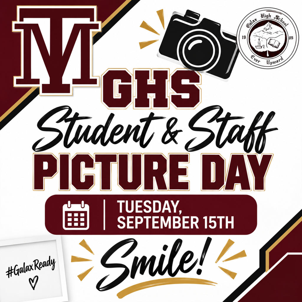 A flyer announces student and staff picture day on Tuesday, September 15th. It features a camera, a school logo, and the date.