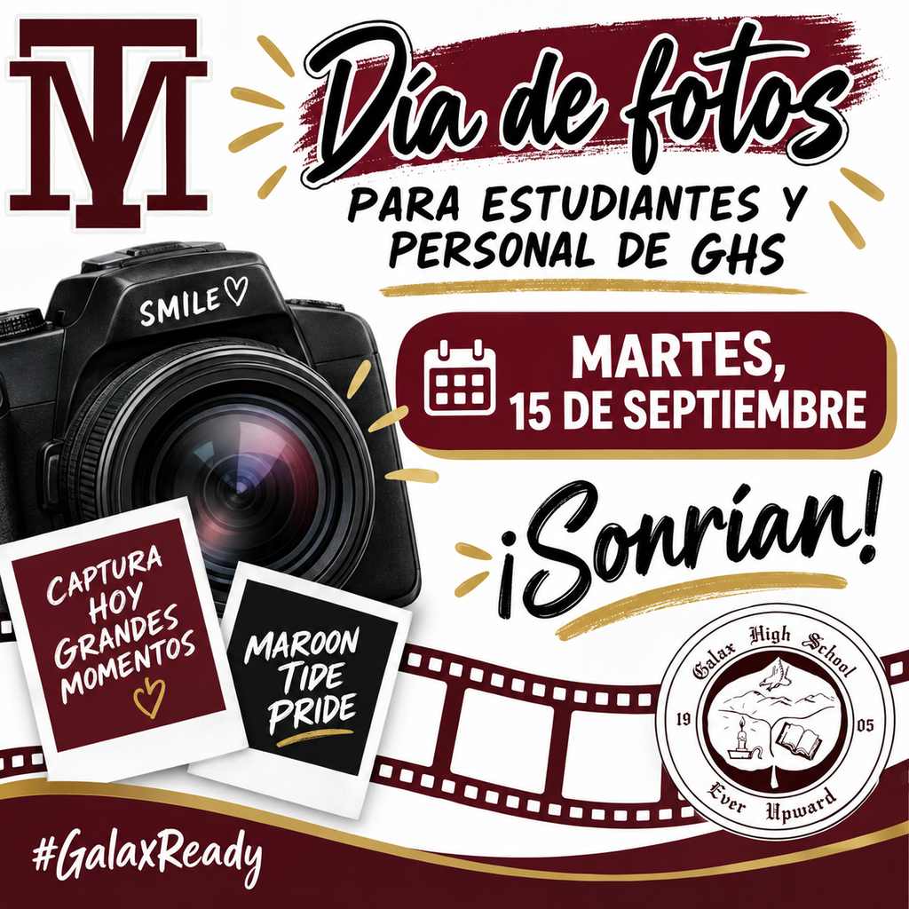 An advertisement shows a camera with "Smile" written on it. Text reads, "Dia de fotos para estudiantes y personal de GHS."