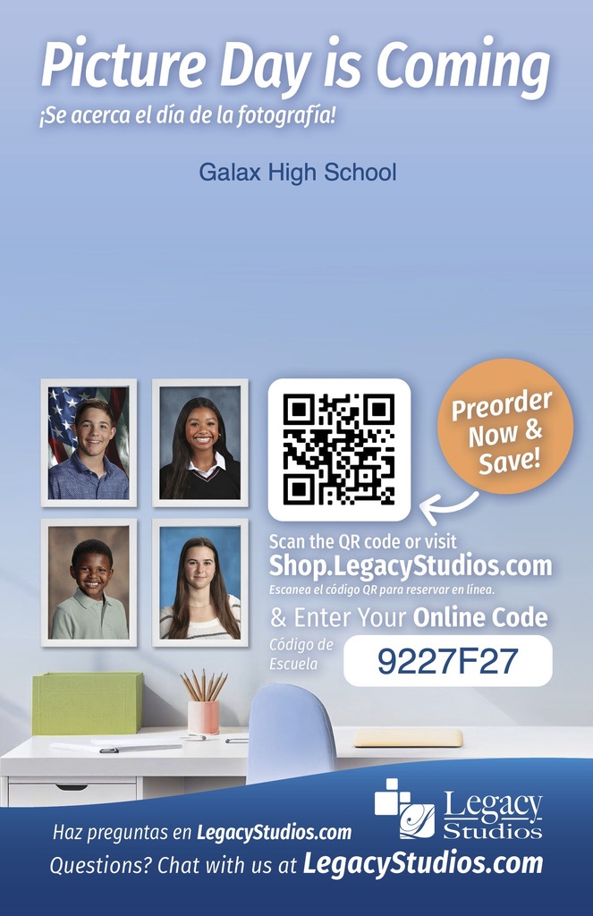 Poster with blue background and white border. It displays a QR code, a phone number, and five photos of students.