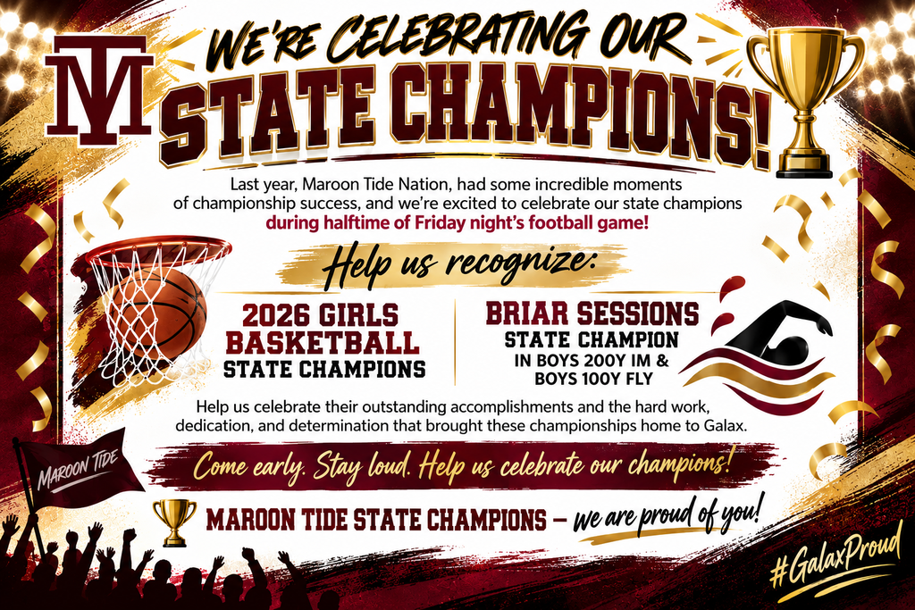 An event poster for the 2026 girls basketball state champions. Features a trophy, basketball, and gold accents.