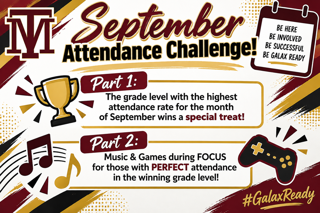 An attendance challenge poster with a trophy, musical notes, and a game controller. Text reads "September Attendance Challenge" and two parts.