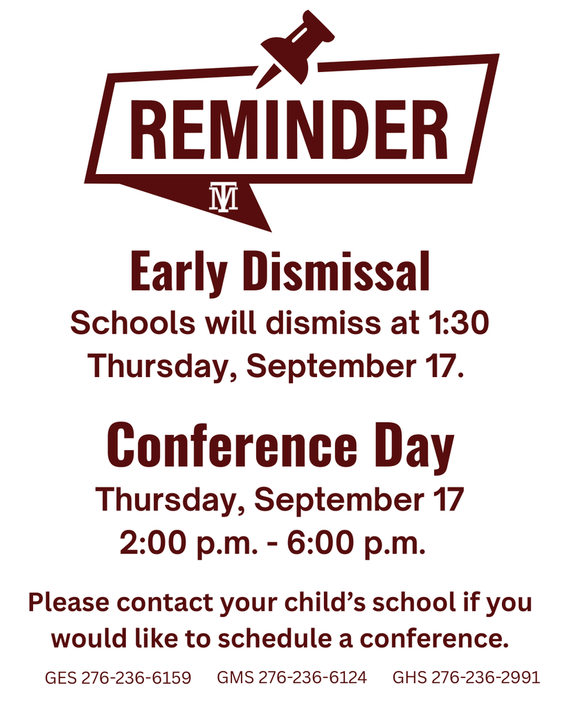 White background with red border. Text reads: "REMINDER: Early Dismissal Schools will dismiss at 1:30 Thursday, September 17. Conference Day Thursday, September 17 2:00 p.m. - 6:00 p.m. Contact child's school to schedule a conference."