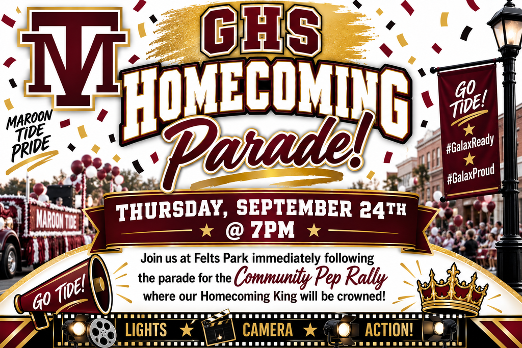 Poster for the GHS Homecoming Parade on Thursday, September 24th at 7 PM. It includes a parade, a pep rally, and crowning of the Homecoming King.