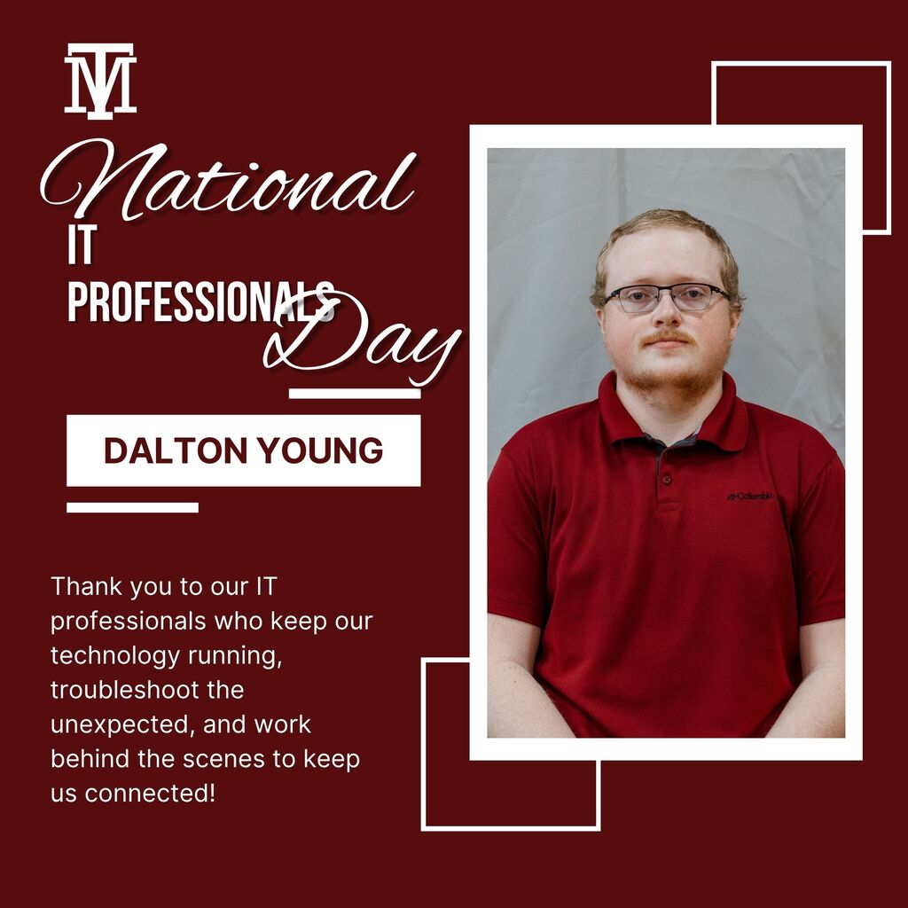 A poster with a maroon background reads "National IT Professional's Day" above a picture of a man in a red polo shirt.