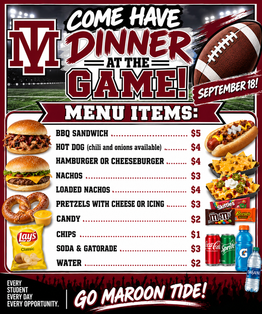 An advertisement for a football game event, featuring menu items like BBQ sandwich, hot dog, hamburger, nachos, pretzels, candy, soda, and water.