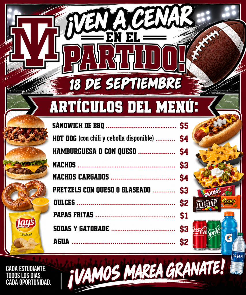 Flyer with a football, menu items, and prices. Items include sandwich, hot dog, hamburger, nachos, pretzels, and more.