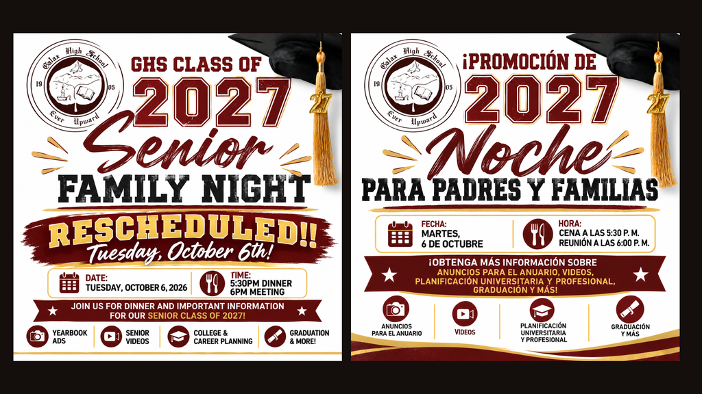 Two banners: one reads "2027 Senior Family Night Rescheduled!" in English, the other "Promocion De Noche Para Padres Y Familias" in Spanish.
