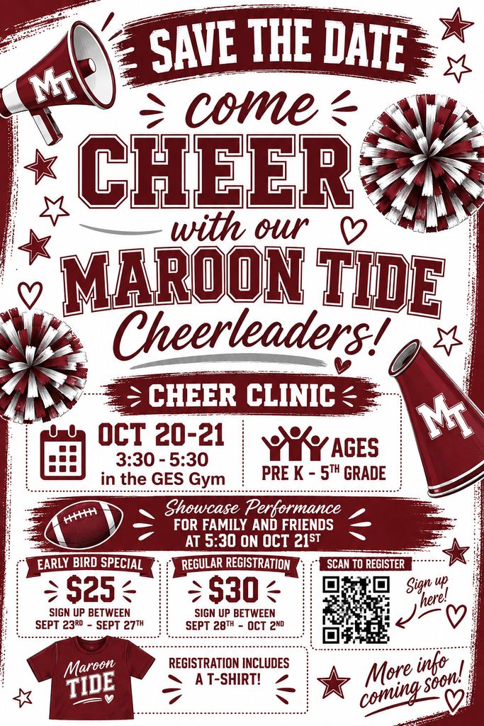 Poster for a cheer clinic with maroon and white colors, showing a football, pom-poms, and the date.