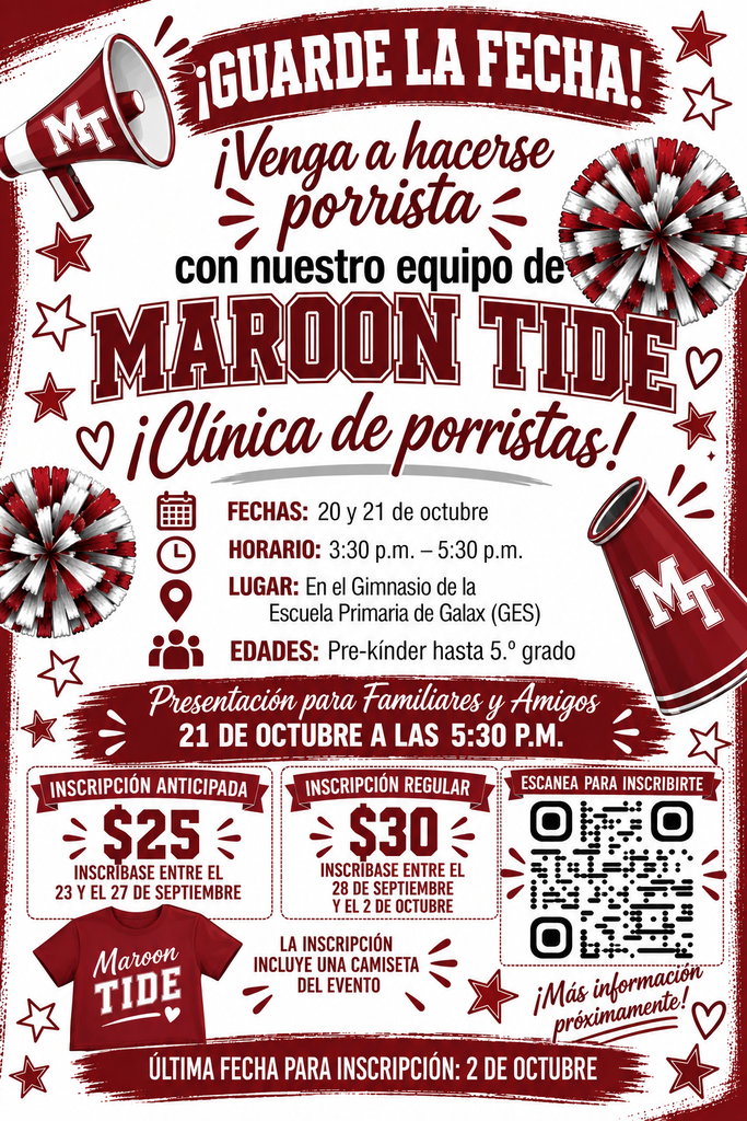 Poster for the MAROON TIDE event. It includes dates, times, locations, and prices. A QR code is present for more information.