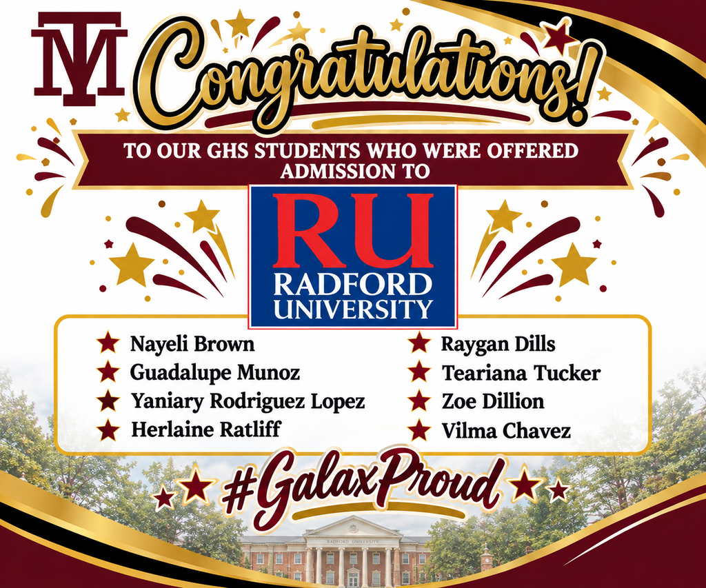A celebration announcement for students at GHS accepted to Radford University. Names of students are listed, with a university logo and building in the background.