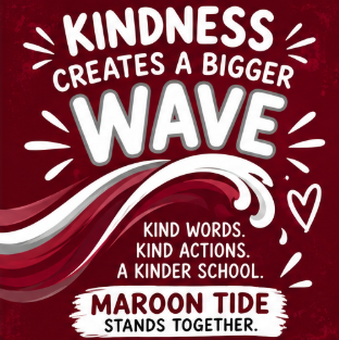 A maroon background with white text and red wave graphic. It reads: "Kindness creates a bigger wave."