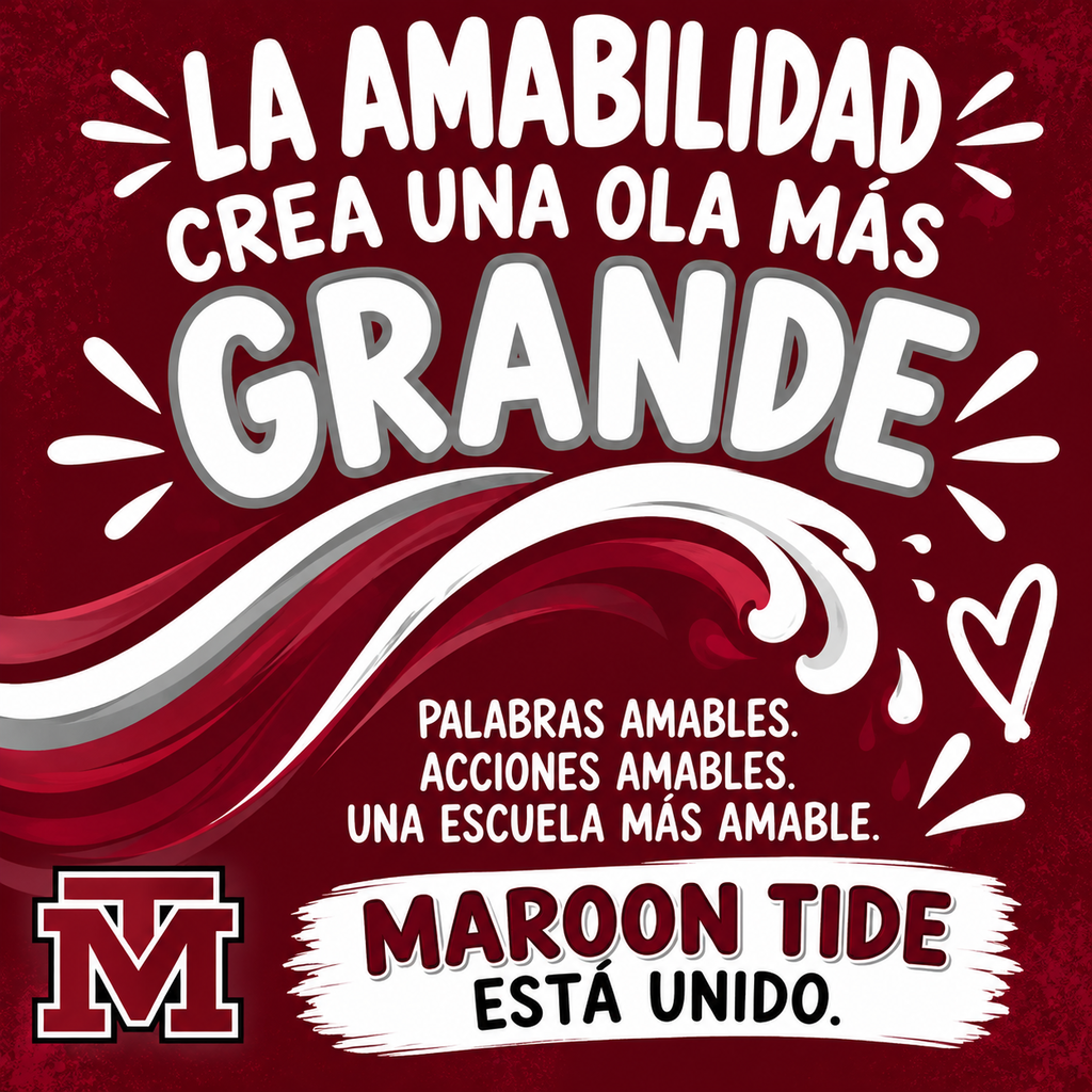 Red and white design with text promoting kindness and unity, featuring the words "La amabilidad crea una ola más grande" above.