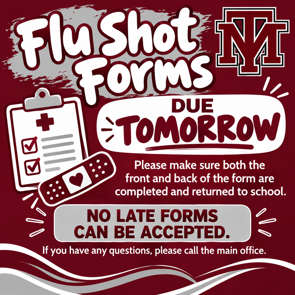 A red poster states "Flu Shot Forms Due Tomorrow." It shows a clipboard, a medical form, and a bandage.