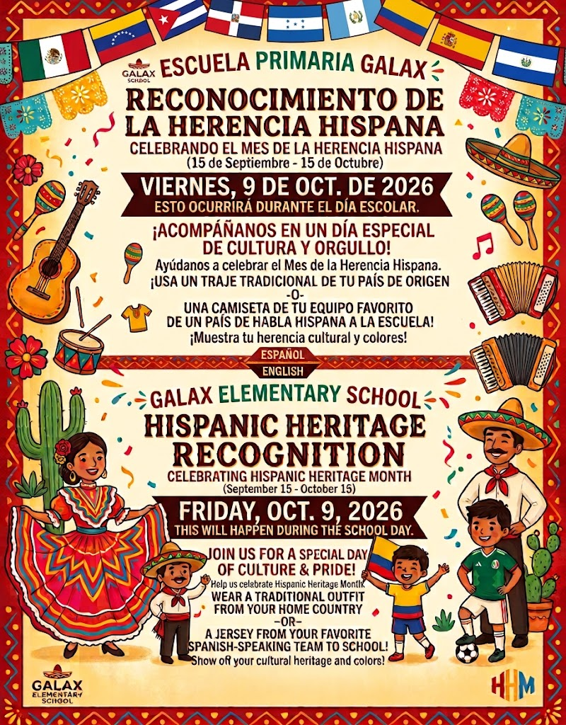 Flyer with colorful borders and Hispanic flags. "Hispanic Heritage Recognition" in English and Spanish. Date: Oct 9, 2026. Cultural event details and invitation.