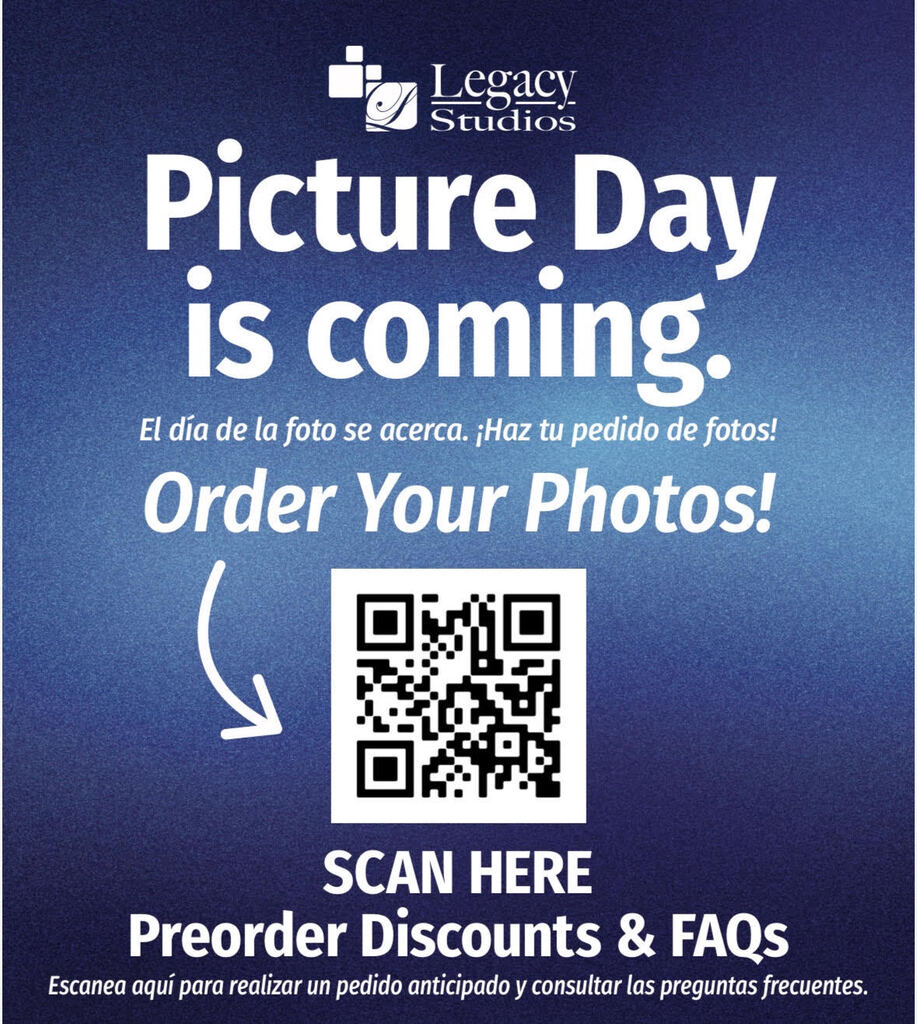 Blue poster with bold text "Picture Day is coming." QR code below an arrow pointing left. Below QR code: "SCAN HERE."