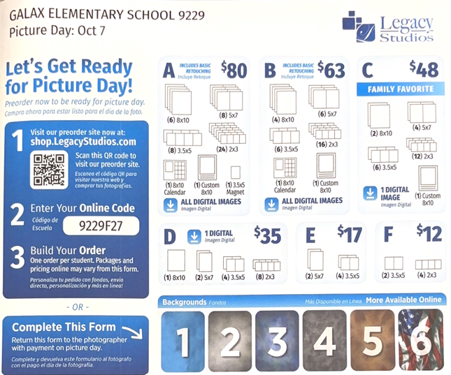 A flyer with blue, white, and black fonts on a white background. It shows text, numbers, symbols, and QR codes.