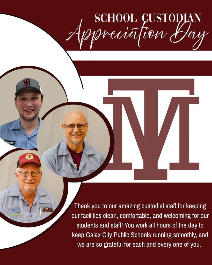 Banner for School Custodian Appreciation Day. It contains a maroon and white background, text, and three photos of custodians.