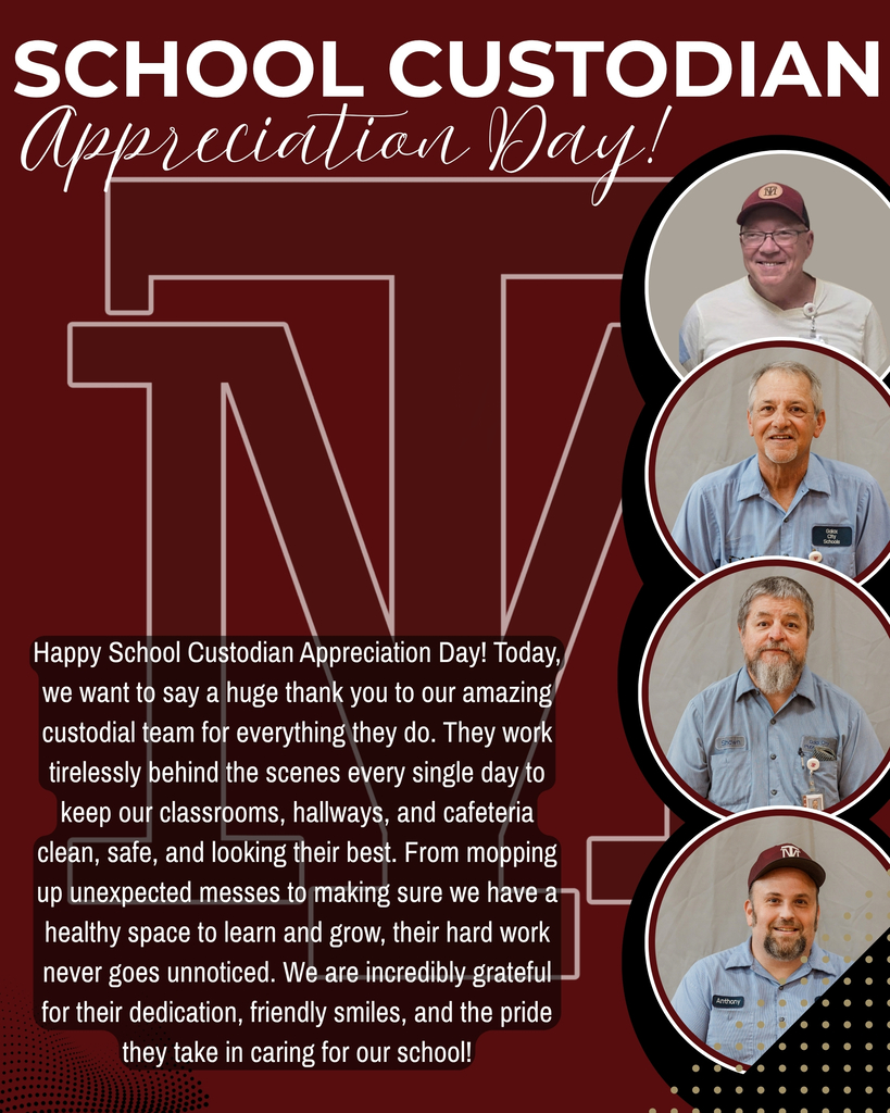 A poster with red background displays images of four smiling male custodians, accompanied by a message celebrating School Custodian Appreciation Day.