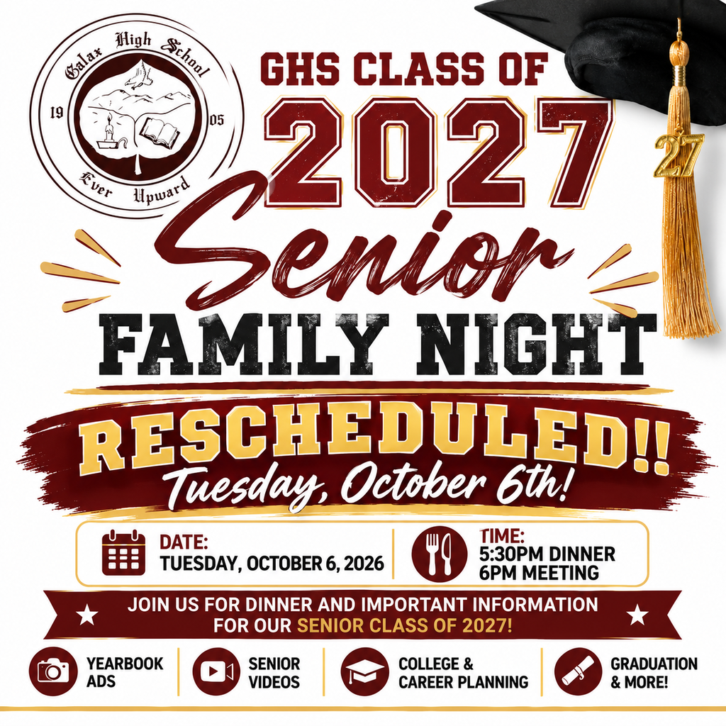 A poster announces the rescheduled date for the Senior Family Night for the GHS Class of 2027.