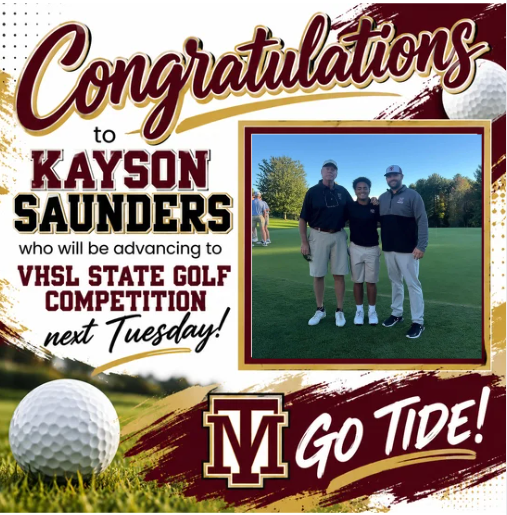 A poster congratulates Kayson Saunders for advancing to the VHSL State Golf Competition. Three people stand on a golf course.