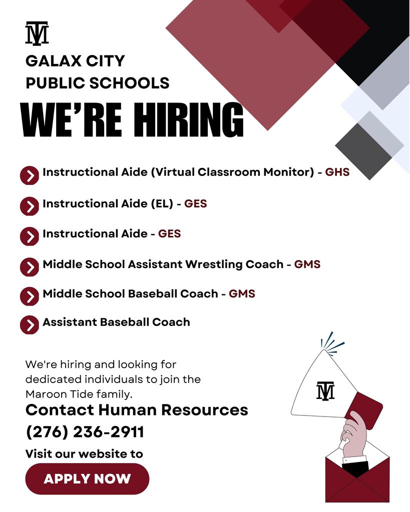 A Galax City Public Schools job posting features roles like Instructional Aide and coaches. It includes contact info and an apply now button.