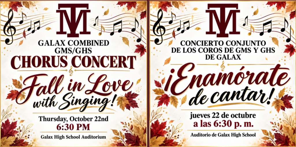Two posters for a combined chorus concert. One has English text "Fall in Love with Singing!" and the other has Spanish text "Enamorate de cantar!"