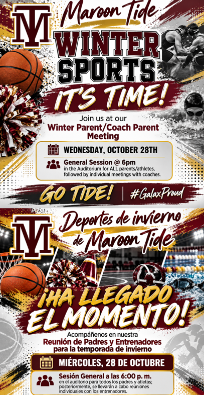 Advertisement for winter sports parent meeting. Basketball, swimming, cheerleading. Date and time in English and Spanish.