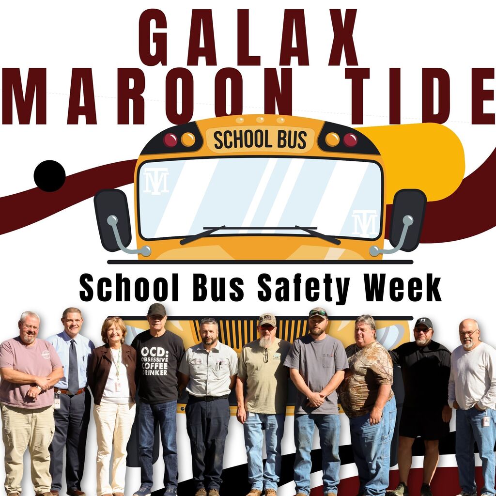 Nine people stand before a school bus, a banner behind them reads "School Bus Safety Week".