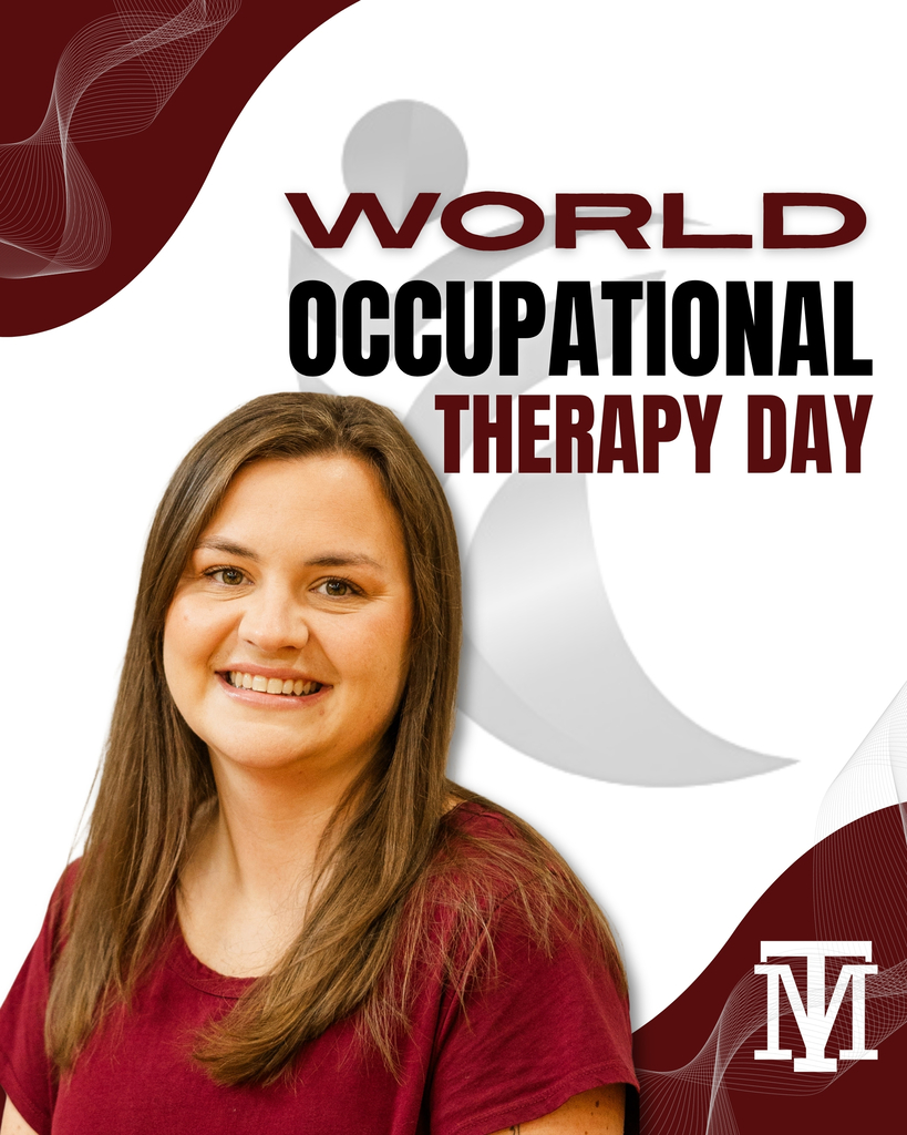 Woman in maroon T-shirt smiles at camera. Background features swirls and text reading World Occupational Therapy Day.